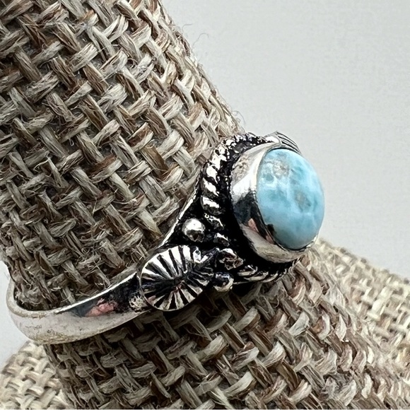 New Blue Larimar Stone Boho Silver Overlay Ring Size 7.5 - Picture 4 of 8